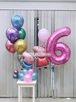 ลูกโป่ง วันเกิดเด็ก Theme Peppa ยอดฮิต พร้อมตกแต่ง ช่อลูกโป่ง 6 ลูก 1 ช่อ สีโครเมี่ยม Peppa ตั้งฐาน 1 ชิ้น ฟอยล์ตัวเลขขนาด 40" 1 ชิ้น สามารถเปลี่ยนสีลูกโป่ง/เปลี่ยนฟอยล์การ์ตูน/เปลี่ยนสี-ฟอยล์/เปลี่ยนข้อความได้