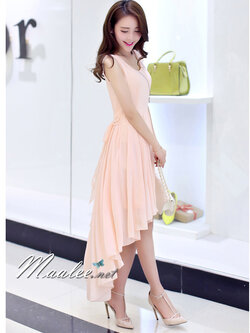 พร้อมส่ง ชุดออกงาน ชุดเดรสสั้น แขนกุด แบบหน้าสั้น/หลังยาว ผ้าชีฟอง ใส่สบาย สีชมพูโอโรส (ซิปข้างลำตัว) **เหลือเฉพาะไซส์ M **