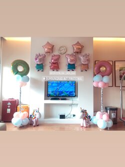 ลูกโป่ง Welcome Baby Theme Peppa Pig และผองเพื่อน พร้อมด้วย Unicorn 2 ตัว,เสาโดนัท 2 ต้น สามารถเปลี่ยนสีลูกโป่ง/เปลี่ยน Theme ได้