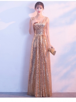 พร้อมเช่า ชุดราตรียาว แขนกุด สี Rose Gold แต่งเลื่อมทั้งตัว จับจีบช่วงเอว สวยหรู (ซิปหลัง)