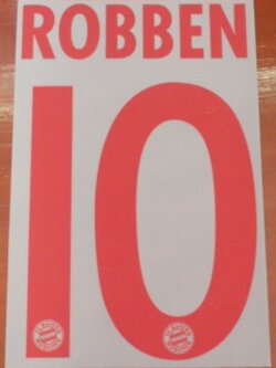 ชุดชื่อและเบอร์ติดเสื้อฟุตบอล #10 ร็อบเบน สโมสรบาเยิร์น มิวนิค (ชุดเยือน 2007/10) PLAYER SIZE ใหม่ / #10 ROBBEN BAYERN MUNICH Football Club (Away 2007/10) PLAYER SIZE Name and Number Set NEW