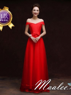 พร้อมเช่า ชุดราตรียาว ชุดเพื่อนเจ้าสาว แบบ B ปาดไหล่ แต่งโบว์ช่วงเอว (เชือกผูกหลัง)