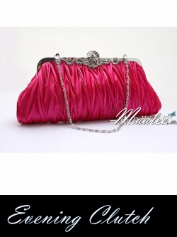 พร้อมส่ง Evening Clutch กระเป๋าออกงาน สีชมพู Hot Pink ผ้าซาตินอัดพลีต ลายฟันปลา พร้อมสายโซ่