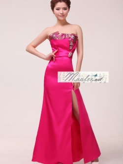 พร้อมเช่า ชุดราตรียาว สีชมพู Hot Pink เกาะอกลูกไม้ปัก ทรงหางปลา ผ้าซาติน