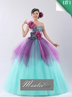 พร้อมเช่า ชุดแฟนซี ชุดราตรียาว ไหล่เฉียง สีฟ้ามิ้นต์ แต่งผ้าโปรงสีม่วง ประดับเลื่อมและดอกไม้