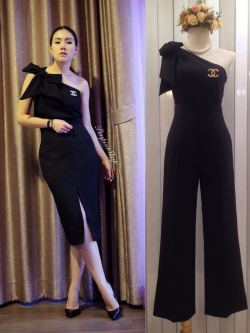 พร้อมส่ง เสื้อออกงาน แบบเรียบหรู สีดำ ผูกโบว์ไหล่ได้หลายแบบ (ไม่รวมกางเกง)