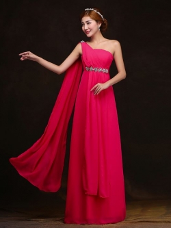 พร้อมเช่า ชุดราตรียาว ไหล่เดียว สีชมพู Hot pink จับเตรปสไตล์กรีก คาดคริสตัลช่วงเอว