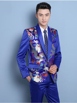 Pre-order ชุดสูทจีนชาย สีน้ำเงินปกคอน้ำเงิน พิมพ์ลายกราฟฟิก