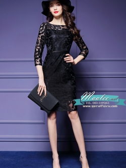 พร้อมส่ง ชุดเดรส/ชุดออกงาน ผ้าเกาหลี ผ้าโปร่งปักแขนยาวลายดอกไม้ สีดำ (ซิปหลัง) L ,4XL