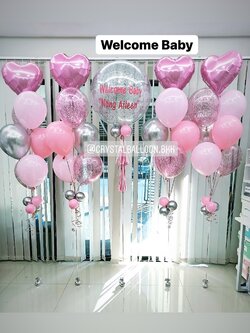 ลูกโป่ง Welcome Baby Girl Bubble ขนาด 24" Theme สีชมพู พร้อมตกแต่ง ช่อลูกโป่งฟอยล์หัวใจ ขนาด 18" 4 ช่อ,ลูกโป่งใส ใส่กลิตเตอร์ สามารถเปลี่ยนสีลูกโป่ง/เปลี่ยนข้อความ/เปลี่ยนขนาดได้