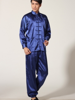 Pre-order ชุดจีนชาย แขนยาวผ้าแพร สีน้ำเงิน
