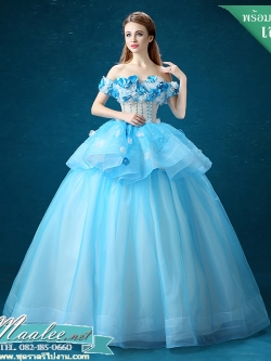 พร้อมเช่า ชุดแฟนซี ชุดราตรียาว สีฟ้า-ขาว แบบไหล่ปาด กระโปรงผ้าแก้วพองสวย แต่งดอก&ลูกปัด เชือกผูกหลัง