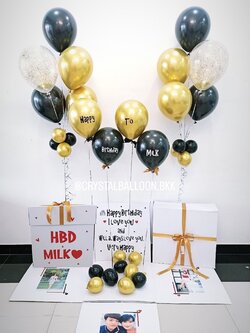 Happy Birthday Surprise Box กล่องเซอร์ไพรส์วันเกิด Theme สีทอง-ดำ พร้อมตกแต่ง ช่อลูกโป่ง 5 ลูก 2 ช่อ,ลูกโป่งใส ใส่กลิตเตอร์,สามารถใส่รูปได้ 3 ใบ สามารถเปลี่ยนสีลูกโป่ง/เปลี่ยนข้อความได้