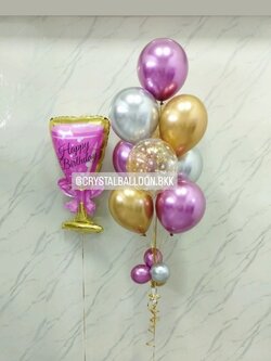 ลูกโป่ง วันเกิดเด็ก ช่อลูกโป่งสีโครเมี่ยม ช่อ 9 ลูก 1 ช่อ พร้อม ฟอยล์แก้วสีชมพู 1 ชิ้น พร้อมตกแต่ง สามารถเปลี่ยนสีลูกโป่ง/เปลี่ยนฟอยล์ตกแต่งได้