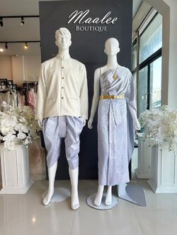 เช่า ชุดไทย ชุดเพื่อนเจ้าสาว ชุดไทยผ้าถุงสีชมพูฟ้าเงิน สไบเรียบสีเทา