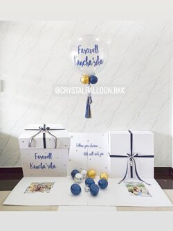 Farewell Surprise Box กล่องเซอร์ไพรส์วันอำลา Bubble ขนาด 24" กลิตเตอร์สีเงิน พร้อมตกแต่ง สามารถใส่รูปได้ 4 ใบ สามารถเปลี่ยนสีลูกโป่ง/เปลี่ยนข้อความได้