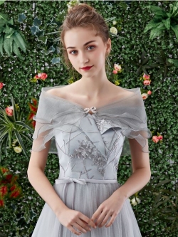 เสื้อคลุมชุดราตรี ผ้าแก้วออกันซ่า สีเทา พร้อมตะขอเพชรรูปโบว์