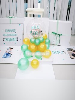 Surprise Box กล่องเซอร์ไพรส์วันเกิด โทนสี เขียว-ทอง พร้อมตกแต่ง ฟอยล์หัวใจ 1 ชิ้น,สามารถใส่รูปได้ 2 ใบ สามารถเปลี่ยนสีลูกโป่ง/เปลี่ยนข้อความได้