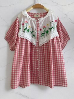 เสื้อผ้าฝ้ายลายสก็อตลายปักแต่งระบายผ้าลูกไม้