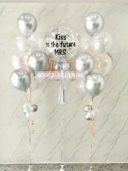 ลูกโป่ง Bride To Be Bubble ขนาด 24" คอนเฟตติสีเงิน พร้อม ช่อลูกโป่ง ช่อ 7 ลูก 2 ช่อ,ฟอยล์ตัวอักษรเขียน Bride To Be ขนาด 16" 1 ชิ้น พร้อมตกแต่ง สามารถเปลี่ยนสีลูกโป่ง/เปลี่ยนข้อความ/เปลี่ยนขนาดได้