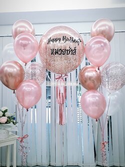 ลูกโป่ง วันเกิด Bubble ขนาด 24" สีโรสโกล พร้อม ช่อลูกโป่ง ช่อ 7 ลูก 2 ช่อ,ลูกโป่งใส ใส่กลิตเตอร์ พร้อมตกเเต่ง สามารถเปลี่ยนสีลูกโป่ง/เปลี่ยนข้อความ/เปลี่ยนขนาดได้