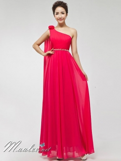 พร้อมเช่า ชุดราตรียาว ไหล่เดียว ผ้าชีฟองแต่งดอกที่ไหล่ เอวคาดเพชรสวย สีชมพูบานเย็น