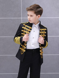 พร้อมเช่า ชุดสูทเด็กชาย สีดำพู่ประดับทอง เครื่องแบบทหารสไตล์ยุโรป (ไซส์ 140,150,160)