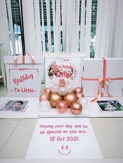 Happy Birthday Surprise Box กล่องเซอร์ไพร์วันเกิด Theme สี Rosegold Bubble ตั้งฐาน พร้อมตกแต่ง สามารถใส่รูปได้ 2 ใบ สามารถเปลี่ยนสีลูกโป่ง/เปลี่ยนข้อความได้