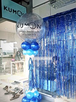 เสาลูกโป่ง เปิดร้าน Bubble ขนาด 36" โทนสี น้ำเงิน-ฟ้า พร้อมตกแต่ง (ราคายังไม่รวมม่านฟอยล์) สามารถเปลี่ยนสีลูกโป่ง/ข้อความได้