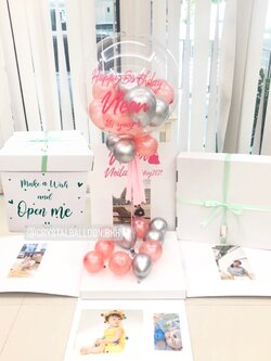 Happy Birthday Surprise Box กล่องเซอร์ไพรส์วันเกิด Bubble USA ขนาด 24" Theme สีชมพู-เงิน พร้อมตกแต่ง สามารถใส่รูปได้ 4 ใบ สามารถเปลี่ยนสีลูกโป่ง/เปลี่ยนข้อความได้