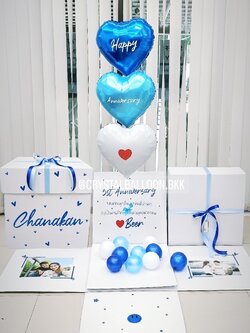 ลูกโป่ง Anniversary Surprise Box ฟอยล์หัวใจ ขนาด 18" 3 ชิ้น พร้อมตกแต่ง สามารถใส่รูปได้ 2 ใบ สามารถเปลี่ยนสีลูกโป่ง/เปลี่ยนข้อความ/เปลี่ยนสี-ฟอยล์ตกแต่งได้