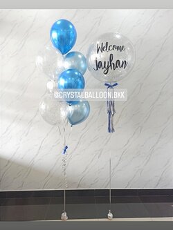 ลูกโป่ง Welcome Baby Boy Bubble ขนาด 24" กลิตเตอร์สีเงิน พร้อมตกแต่ง ช่อลูกโป๋งโครเมี่ยม ช่อ 7 ลูก 1 ช่อ,ลูกโป่งใส ใส่กลิตเตอร์ สามารถเปลี่ยนสีลูกโป่ง/เปลี่ยนข้อความ/เปลี่ยนขนาดได้