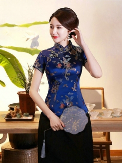 Pre-order เสื้อกี่เพ้า สีน้ำเงิน ลายมังกรนกฟินิกซ์ ผ้าไหมจีน กุ๊นขอบ ตัดเย็บอย่างดี