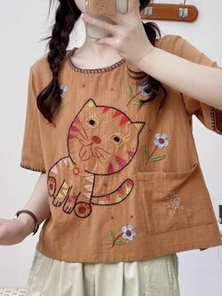 เสื้อผ้าฝ้ายลายปักแต่งกระเป๋า