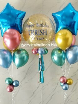 ลูกโป่ง วันเกิด Bubble ขนาด 24" กลิตเตอร์สีทอง พร้อม ช่อลูกโป่งฟอยล์ดาว ขนาด 24" ช่อ 5 ลูก 2 ช่อ พร้อมตกแต่ง สามารถเปลี่ยนสีลูกโป่ง/เปลี่ยนข้อความ/เปลี่ยนขนาดได้