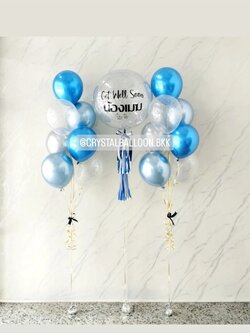 ลูกโป่ง เยี่ยมไข้ Bubble ขนาด 24" กลิตเตอร์สีเงิน 1 ลูก พร้อม ช่อลูกโป่งสีโครเมี่ยม ช่อ 7 ลูก 2 ช่อ Theme สีฟ้า-น้ำเงินโครเมี่ยม พร้อมตกแต่ง สามารถเปลี่ยนสีลูกโป่ง/เปลี่ยนข้อความ/เปลี่ยนขนาดได้