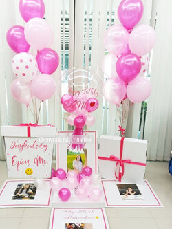 Surprise Box กล่องเซอร์ไพรส์วันเกิด สำหรับคุณผู้หญิง Bubble ขนาด 24" โทนสี ชมพู พร้อมตกแต่ง ช่อลูกโป่ง 2 ช่อ,สามารถใส่รูปได้ 4 ใบ สามารถเปลี่ยนสีลูกโป่ง/เปลี่ยนข้อความได้