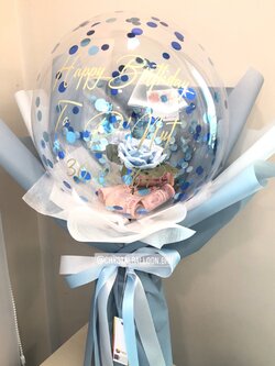 Flower Balloon Happy Birthday Bubble ขนาด 18" พร้อมตกแต่ง ดอกกุหลาบประดิษฐ์ สีฟ้า 1 ดอก,สามารถใส่เงินได้ สามารถเปลี่ยนข้อความ/เปลี่ยนสี-ดอกไม้ได้