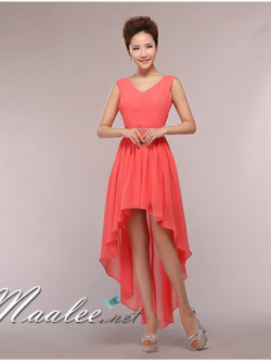 พร้อมเช่า ชุดราตรีสั้น แขนกุด หน้าสั้นหลังยาว สีโอรส คาดเอวคริสตัล