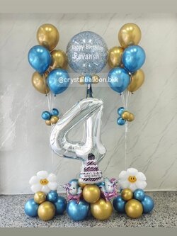 ลูกโป่ง วันเกิด Bubble ขนาด 24" สีฟ้า พร้อมตกแต่ง ช่อลูกโป่งโครเมี่ยมสีฟ้า-ทอง ช่อ 5 ลูก 2 ช่อ ฟอยล์ตัวเลข ขนาด 40" สีเงิน ตั้งฐาน 1 ชิ้น ฟอยล์ดอกเดซี่จิ๋ว ตั้งฐาน 2 ชิ้น สีโครเมี่ยม พร้อมตกแต่ง สามารถเปลี่ยนสีลูกโป่ง/เปลี่ยนข้อความ/เปลี่ยนขนาดไ