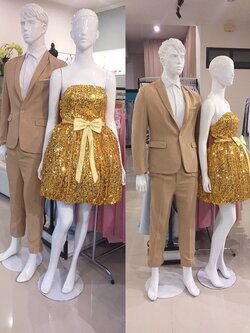 พร้อมเช่า ชุดราตรีสั้น เกาะอก สีทอง Glitter กระโปรงทรง Balloon