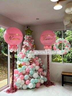 Organic Backdrop ต้นลูกโป่งฟอยล์ดาว ขนาด 2.5 เมตร Theme พาสเทล พร้อมตกแต่ง ลูกโป่งยาง ขนาด 36" สีชมพู 2 ลูก,วงกลมลูกโป่ง 1 ชิ้น สามารถเปลี่ยนสีลูกโป่ง/เปลี่ยนข้อความ/เปลี่ยนขนาดได้
