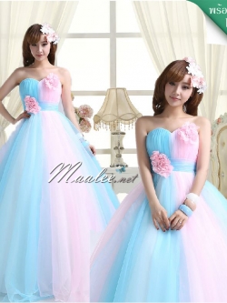 พร้อมเช่า ชุดแฟนซี ชุดราตรียาว เกาะอก สีฟ้า ชมพู สวยหวาน ผ้าโปร่งแต่งดอกไม้