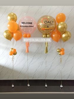 ลูกโป่ง เปิดงาน Bubble ขนาด 24" กลิตเตอร์สีทอง 1 ลูก พร้อม Bubble ขนาด 24" กลิตเตอร์สีส้ม 1 ลูก,ช่อลูกโป่ง ช่อ 5 ลูก 2 ช่อ พร้อมตกแต่ง สามารถเปลี่ยนสีลูกโป่ง/เปลี่ยนข้อความ/เปลี่ยนขนาดได้