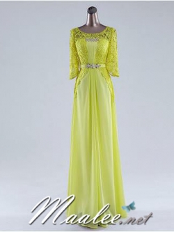 พร้อมเช่า ชุดราตรียาว สีเหลืองอ่อน แขนสามส่วน แต่งลูกไม้ จับเดรปทรงนาฬิกาทราย (L-3XL)