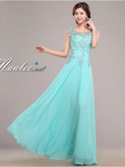 พร้อมเช่า ชุดราตรียาว ผ้าชีฟอง สีฟ้า ปักลูกไม้และแต่งลูกปัด สวยหรู