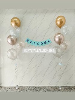 ลูกโป่ง Welcome ช่อลูกโป่งโครเมี่ยม ช่อ 5 ลูก 2 ช่อ พร้อมตกแต่ง ป้ายธง 7 ตัวอักษร,ลูกโป่งใส ใส่กลิตเตอร์ สามารถเปลี่ยนสีลูกโป่ง/เปลี่ยนสี-ป้ายธงได้