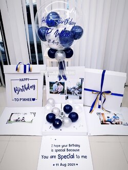 Happy Birthday Surprise Box กล่องเซอร์ไพรส์วันเกิด Bubble USA ขนาด 24" Theme Dark Blue พร้อมตกแต่ง สามารถใส่รูปได้ 4 ใบ สามารถเปลี่ยนสีลูกโป่ง/เปลี่ยนข้อความได้