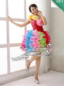 พร้อมเช่า ชุดแฟนซีสั้น ชุดราตรี ไหล่เฉียง สีรุ้ง กระโปรงระบายฟูสวย ฟรุ้งฟริ้ง