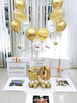 Happy Birthday Surprise Box ช่อลูกโป่ง 5 ลูก Theme สีเหลือง พร้อม ฟอยล์ตัวเลข ขนาด 16" ตั้งฐาน 2 ตัว,สามารถใส่รูปได้ 3 ใบ สามารถเปลี่ยนสีลูกโป่ง/เปลี่ยนข้อความ/เปลี่ยนสี-ฟอยล์ตัวเลขได้